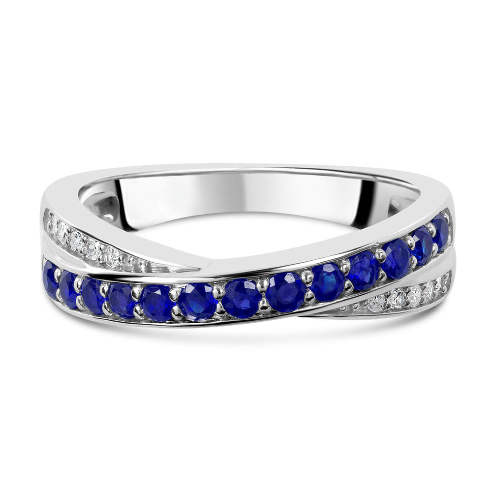 9ct White Gold Diamond and Sapphire Crossover Ring image number 4