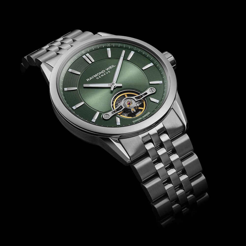 Raymond Weil Freelancer Automatic 42mm Green Dial Open Heart Steel Bracelet Watch image number 3
