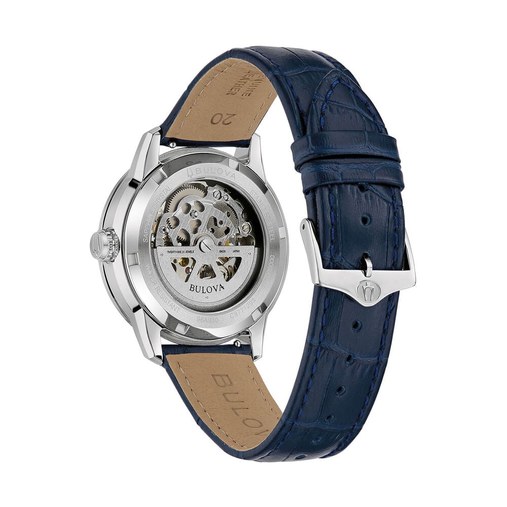 Bulova Sutton Automatic 40mm Silver Skeleton Dial Blue Leather Strap Watch image number 1