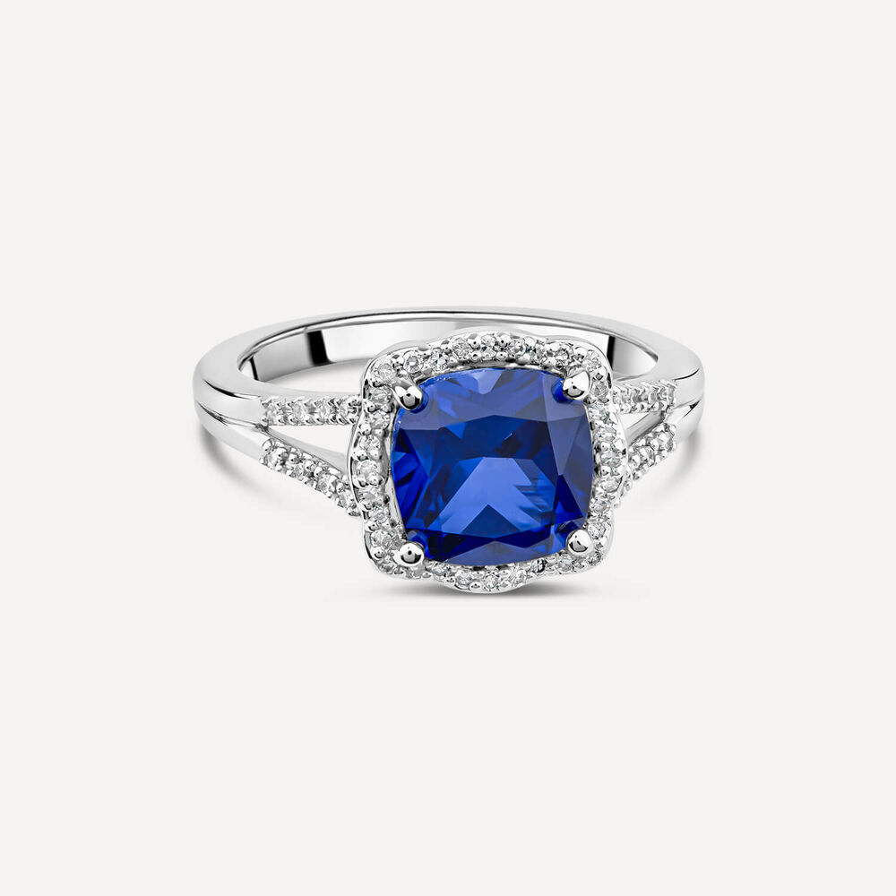 9ct White Gold 0.15ct Diamond and Created Sapphire Halo Ring image number 2