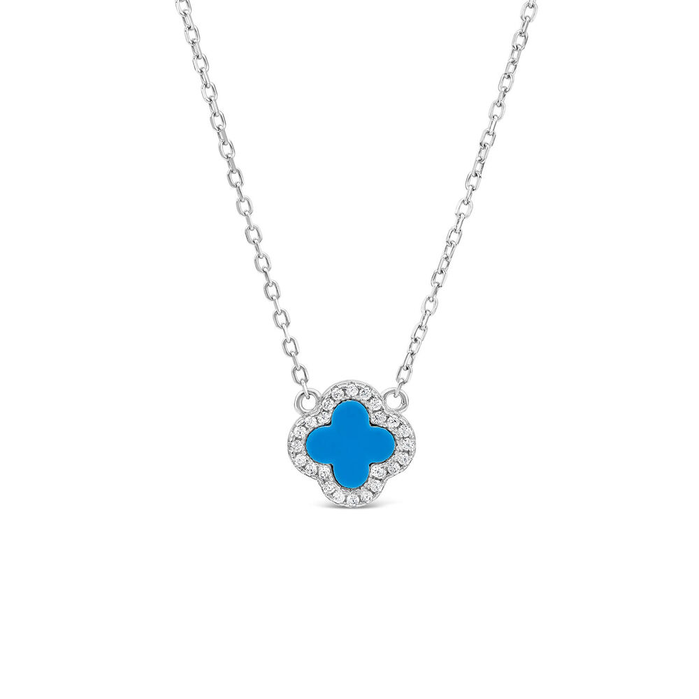 Sterling Silver Turqoise Centre Cubic Zirconia Set Clover Petal Necklet