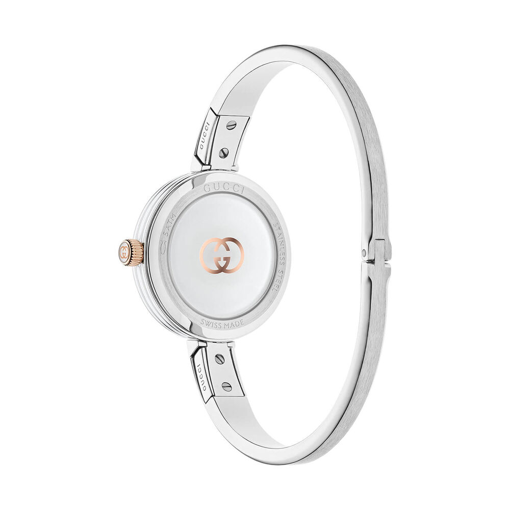 Gucci Model 2000 24mm Silver Dial Rose Gold Details Steel Bangle Watch