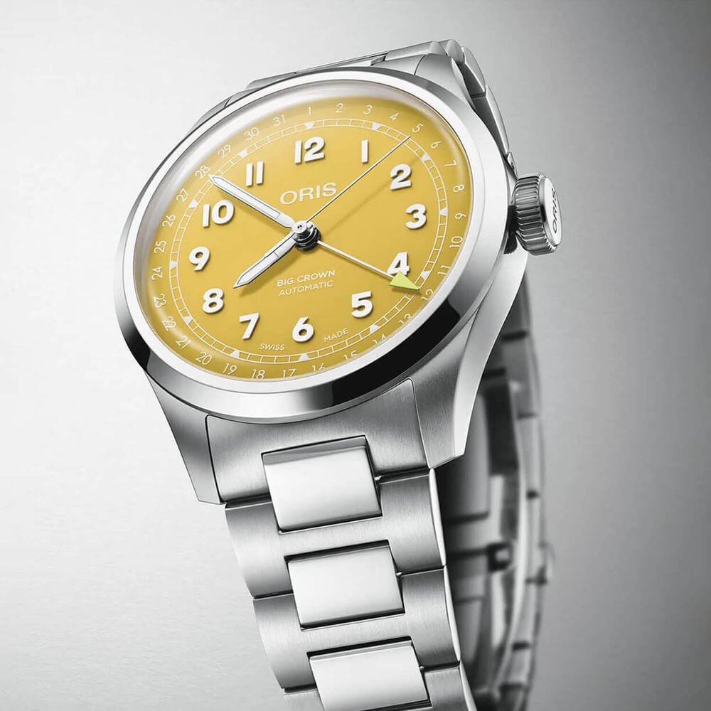Oris Big Crown Pointer Date 40mm Yellow Dial Steel Bracelet Watch image number 7