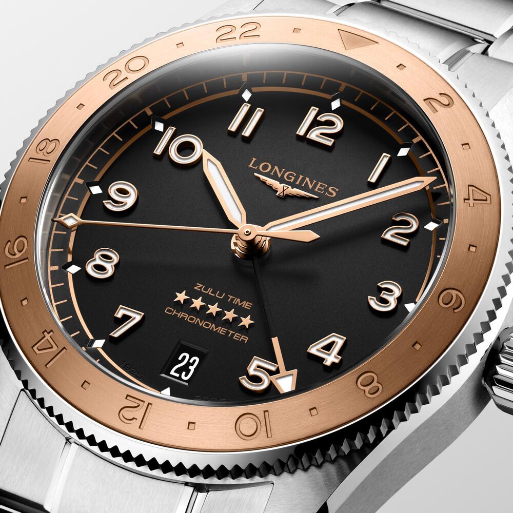 Longines Spirit Zulu Time 1925 39mm Black Dial 18kt Rose Gold Bezel Steel Bracelet Watch image number 5