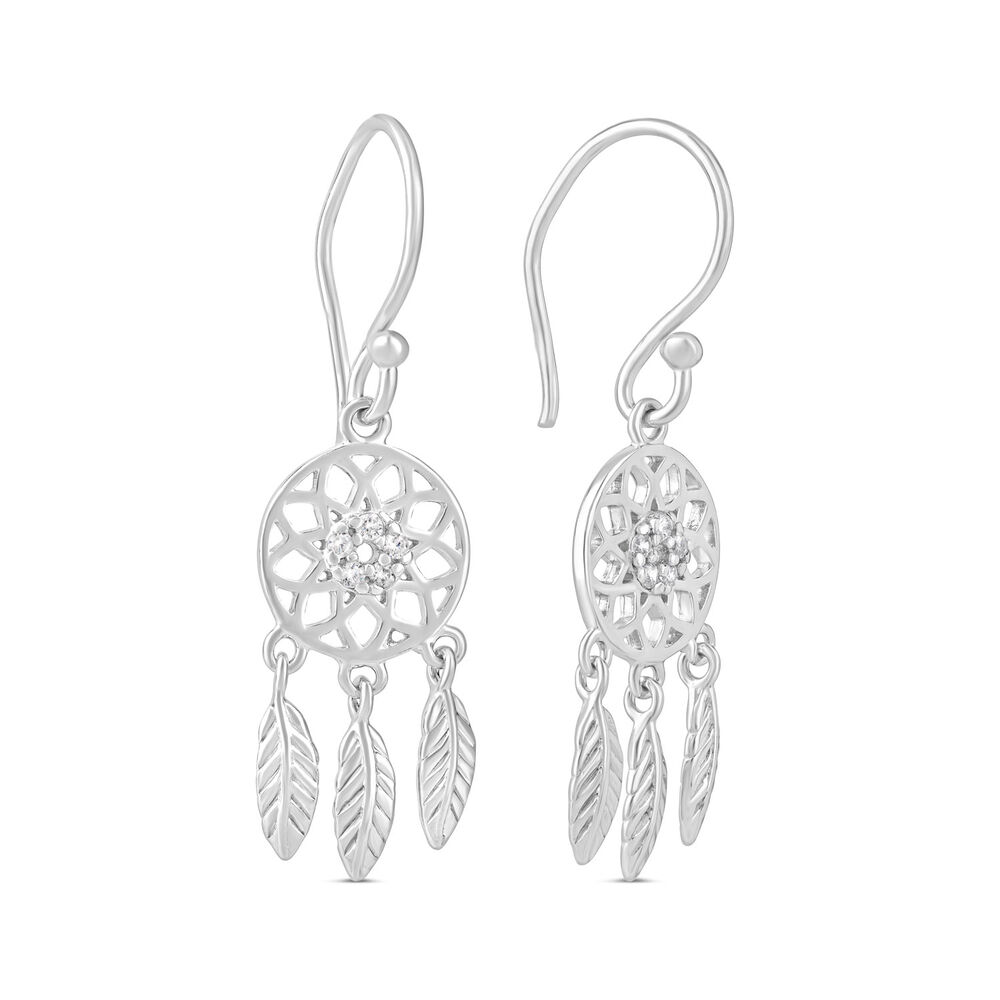 Sterling Silver Cubic Zirconia Dreamcatcher Drop Earrings image number 2