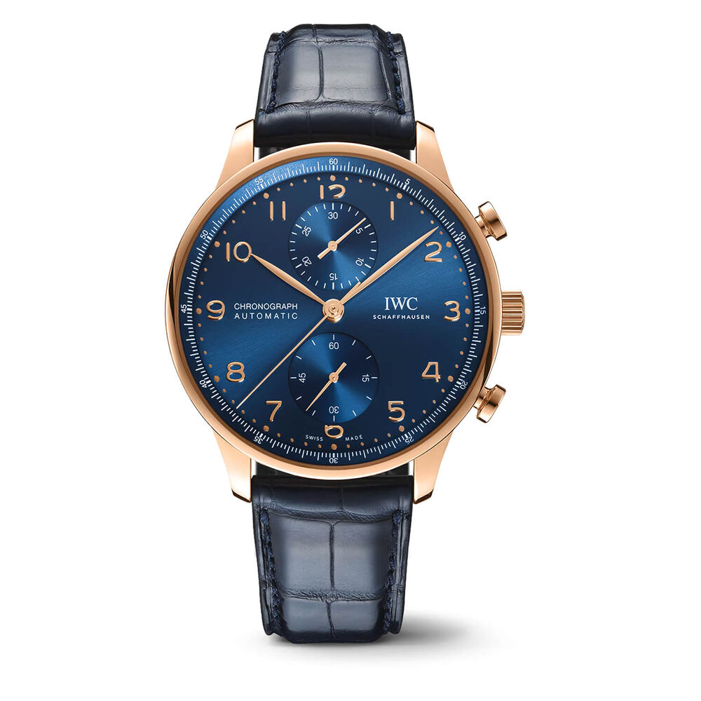 IWC Schaffhausen Portugieser Chronograph 42mm Blue Dial 18ct 5N Gold Case Leather Watch image number 0