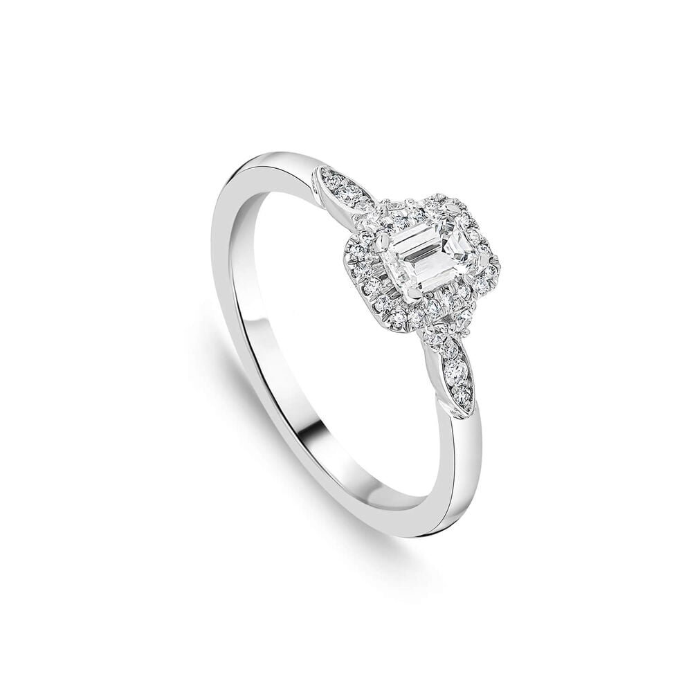 Northen Star Platinum 0.44ct Diamond Emerald Cut Centre Halo & Shoulders Ring image number 0
