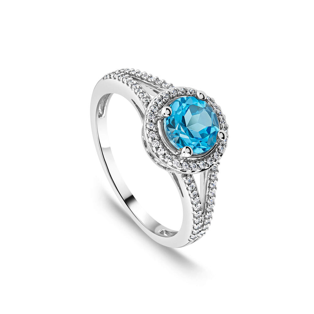 9ct White Gold London Blue Topaz & 0.16ct Round Halo Diamond Split Shoulders Ring