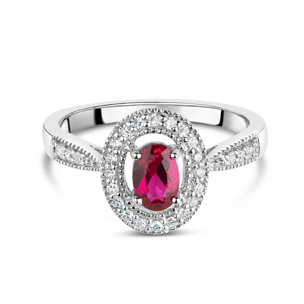 9ct White Gold 0.17ct Diamond and Created Ruby Pave Halo Ring image number 7