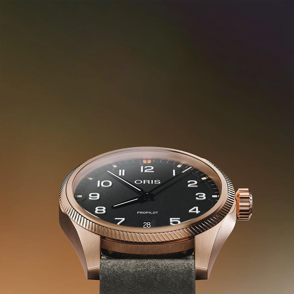Oris Propilot Bronze 41mm Black Dial Dark Green Leather Strap Watch