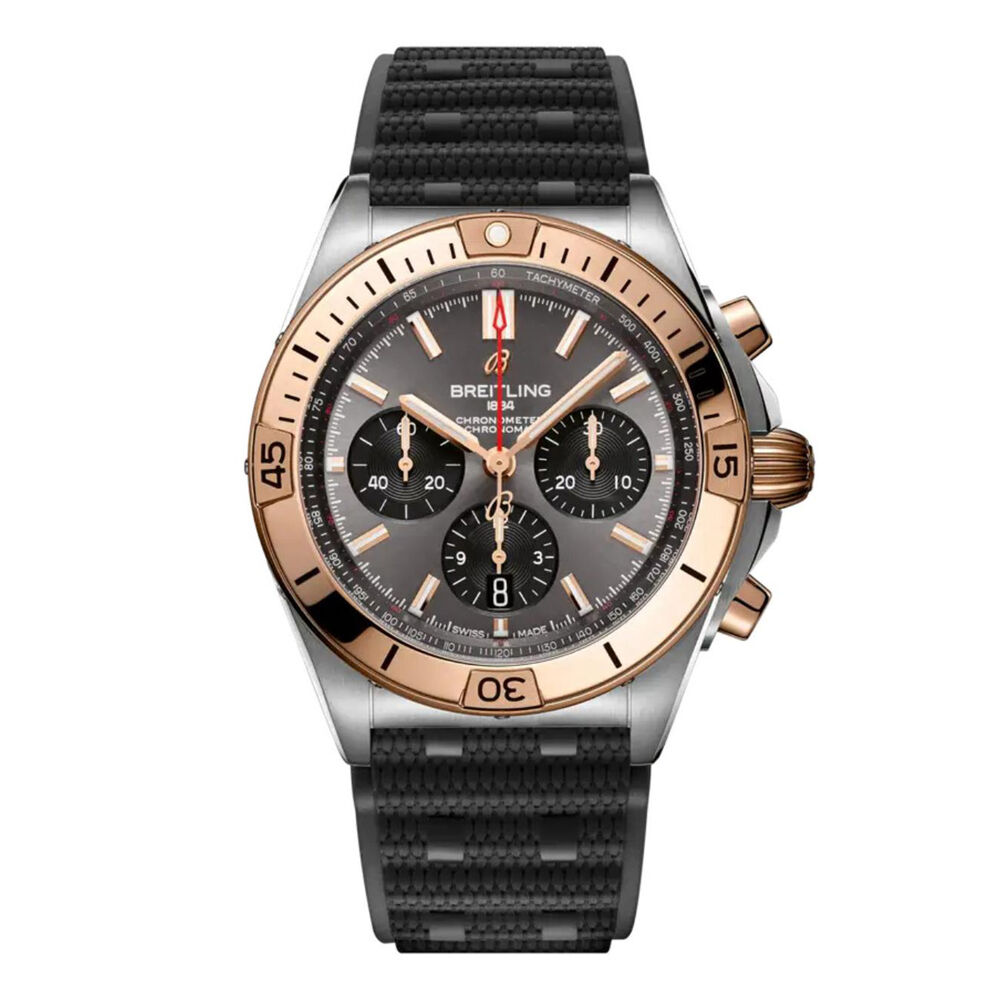Breitling Chronomat B01 42mm Black Dial Rose Gold Bezel Rubber Strap Watch image number 0