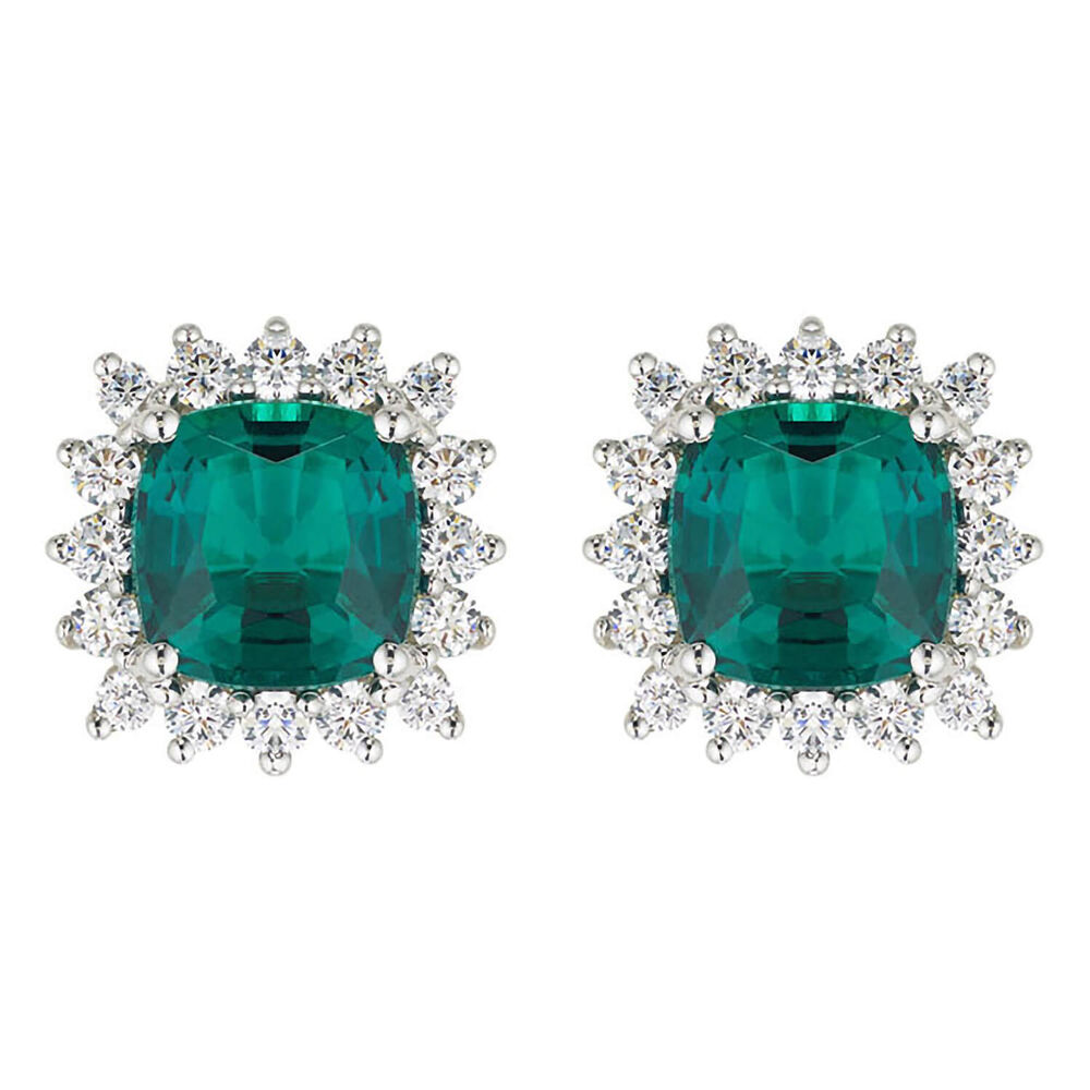 Ladies 9ct White Gold and Created Emerald Cluster Earrings