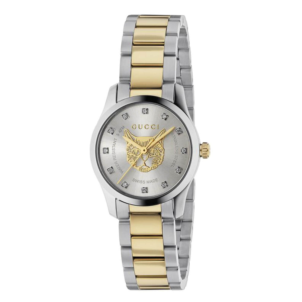 Gucci Timeless 27mm Silver Feline Head Yellow Gold Steel Case Watch image number 0