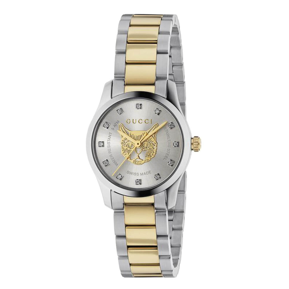 Gucci G -Timeless 27mm Silver Feline Head Yellow Gold Steel Case Watch