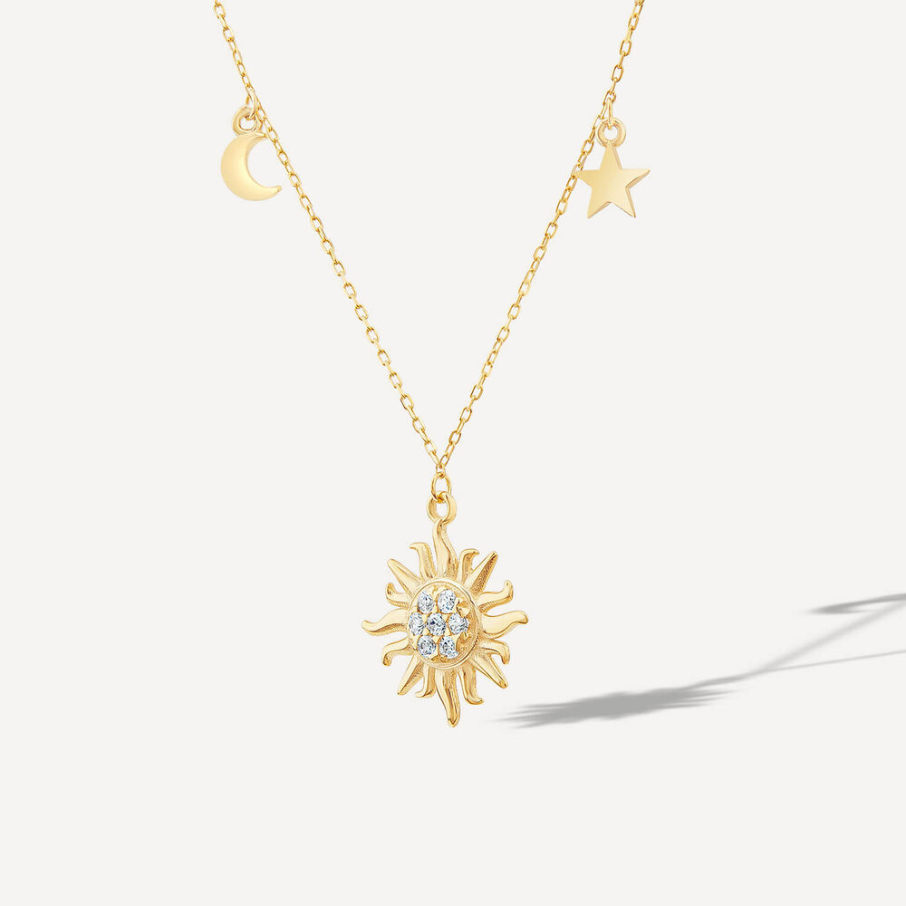 9ct Yellow Gold Cubic Zirconia Sun & Moon & Star Drop Pendant image number 1