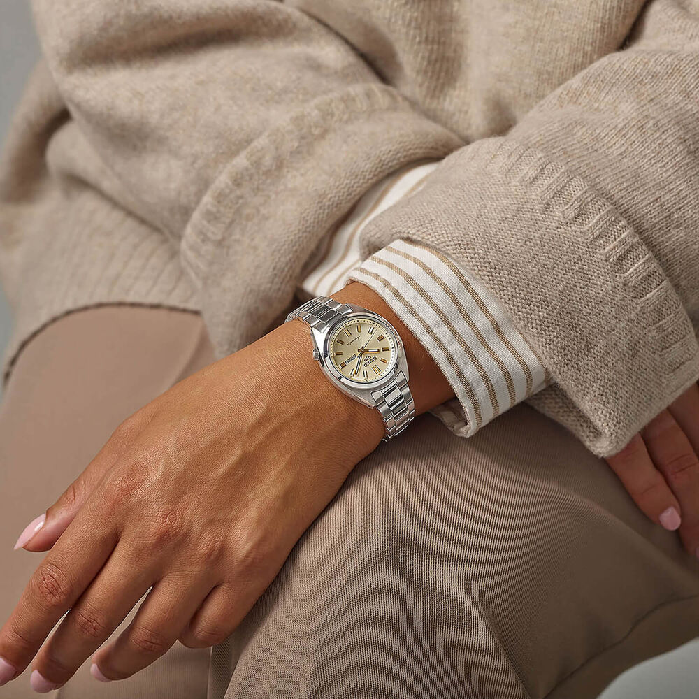 Seiko 5 Sports ‘Hebitama’ SNXS Double Cream 32mm Dial Steel Bracelet Watch image number 2