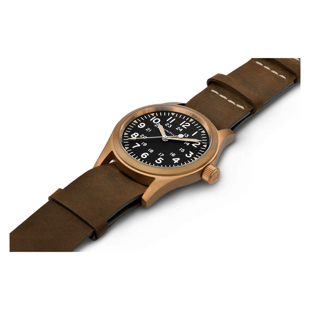 Hamilton Khaki Field 42mm Black Dial Bronze Case Leather Strap Watch image number 1