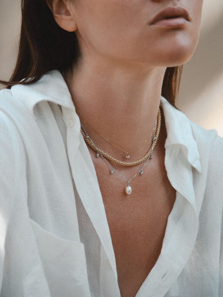 Sterling Silver Freshwater Pearl & Cubic Zirconia Droplets Necklet
