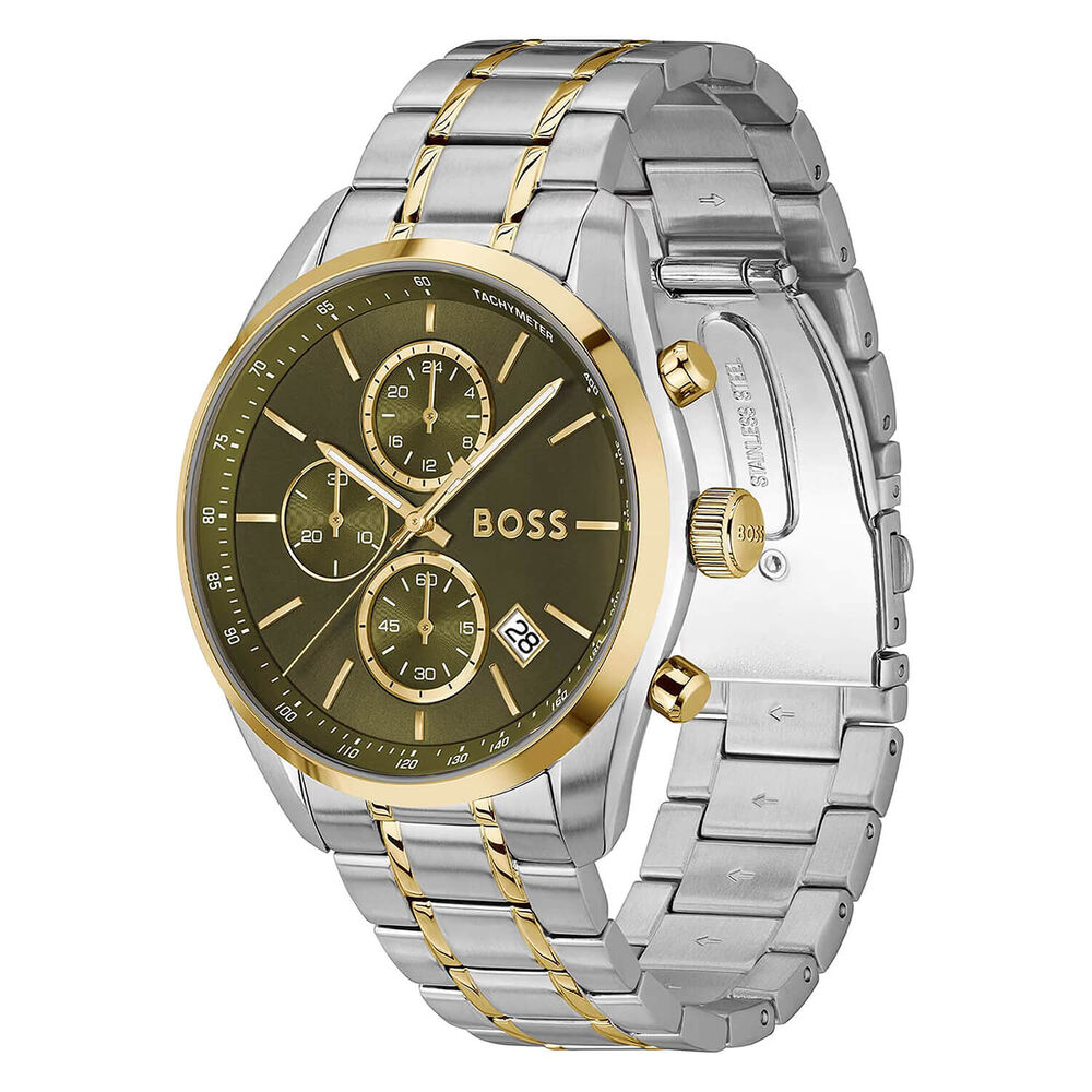 BOSS Grand Prix 44mm Green Chronograph Dial Two Tone Steel Bracelet Watch image number 1