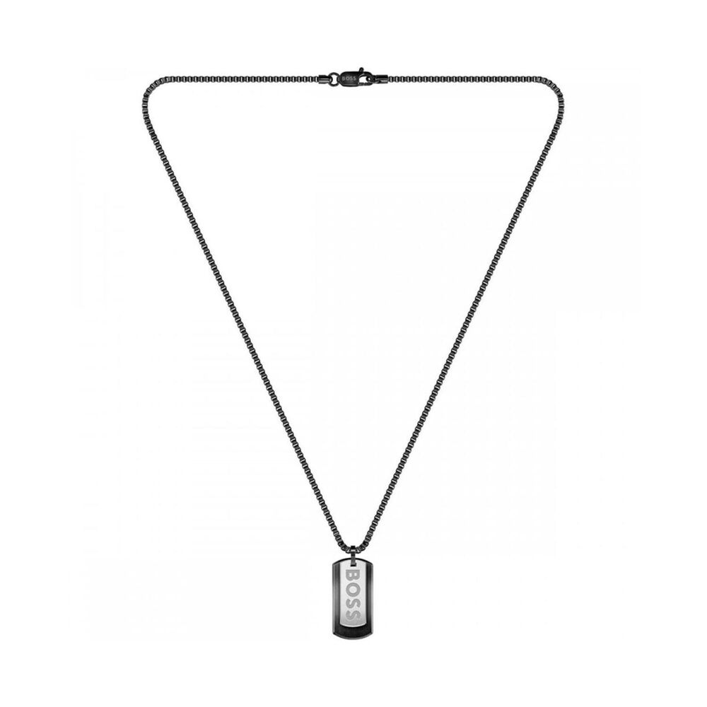 BOSS Devon Branded Double Tag Pendant Black IP Box Chain Steel Necklace