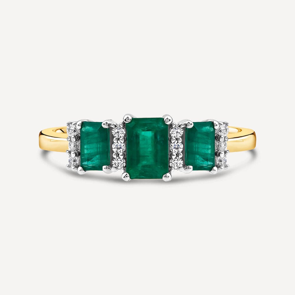 9ct Yellow Gold Three Stone Emerald & 0.12ct Diamond Sections Ring image number 1