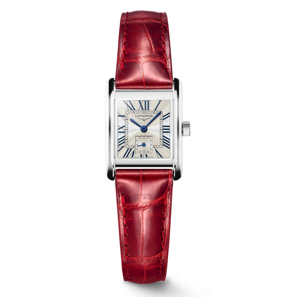 Longines MiniDolcevita 2023 29 X 21.50mm Silver "flinqué" Dial Red Strap Watch image number 0