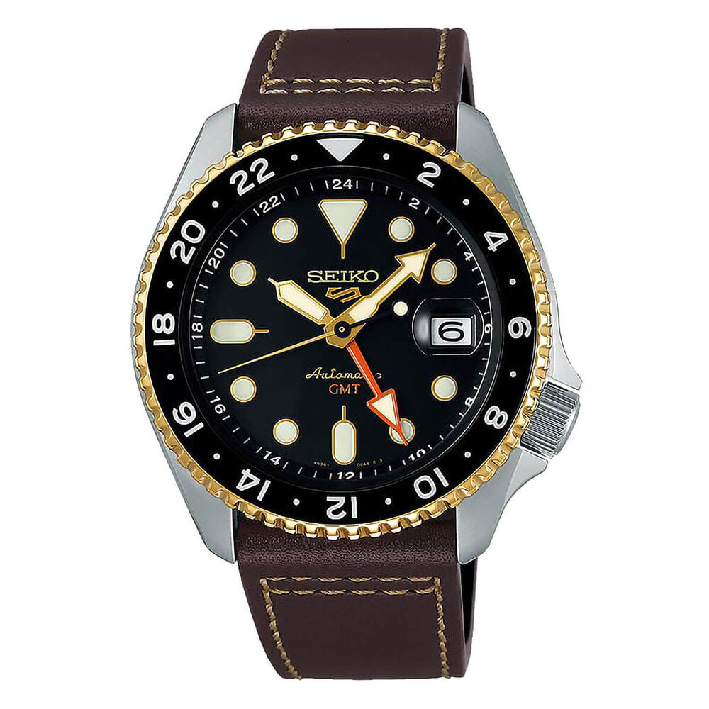 Seiko 5 Sports SKX GMT Mocha 42.5mm Black Dial Brown Leather Strap Watch