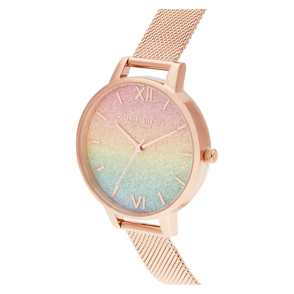 Olivia Burton Rainbow Glitter Dial & Rose Gold Mesh Ladies Watch