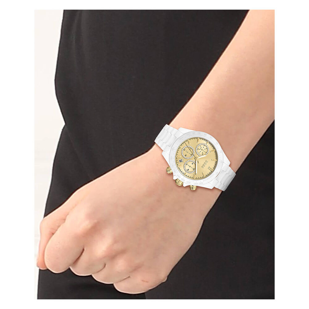 Hugo Boss Novia Quartz 38mm Gold Dial White Ceramic Case Bracelet Watch image number 2