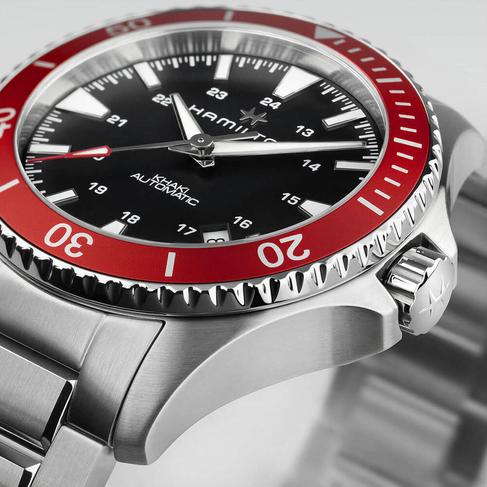Hamilton Khaki Navy Scuba Auto 40mm Black Dial Red Bezel Steel Bracelet Watch image number 2