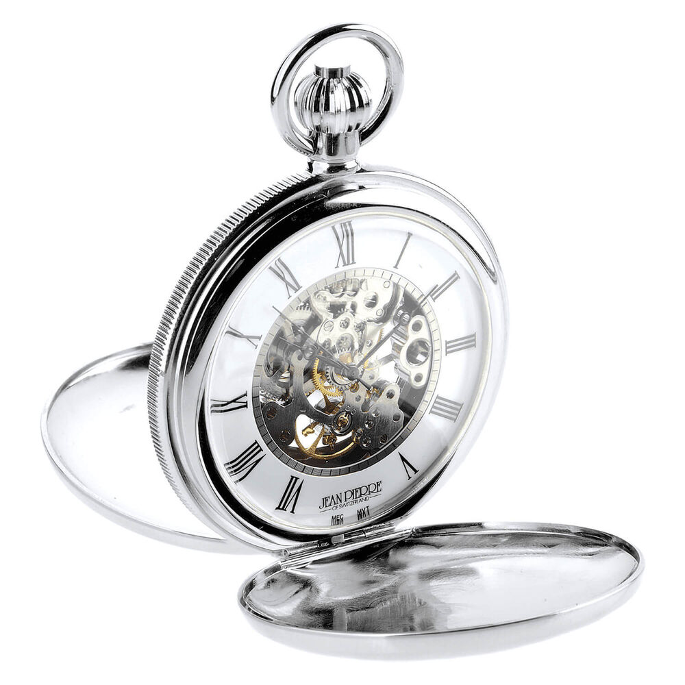 Jean Pierre Chrome Plated Mechanical Double Hunter Heartbeat Window Pocket Watch