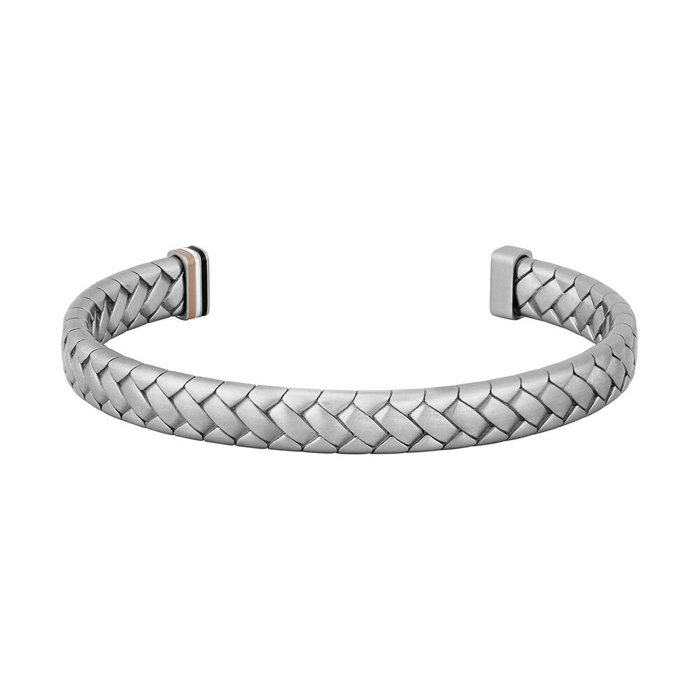BOSS Tailored Silver Tone Herringbone Pattern Steel Bangle image number 0
