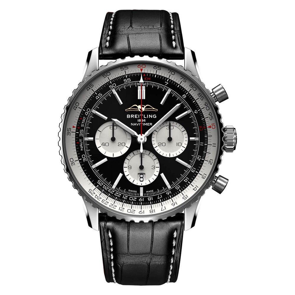 Breitling Navitimer B01 Chronograph 46 Black Dial Silver Details Black Strap Watch