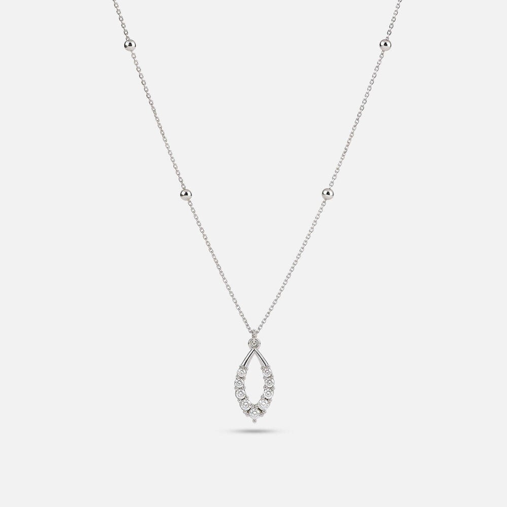 9ct White Gold Beaded Chain Open Oval Cubic Zirconia Set Pendant