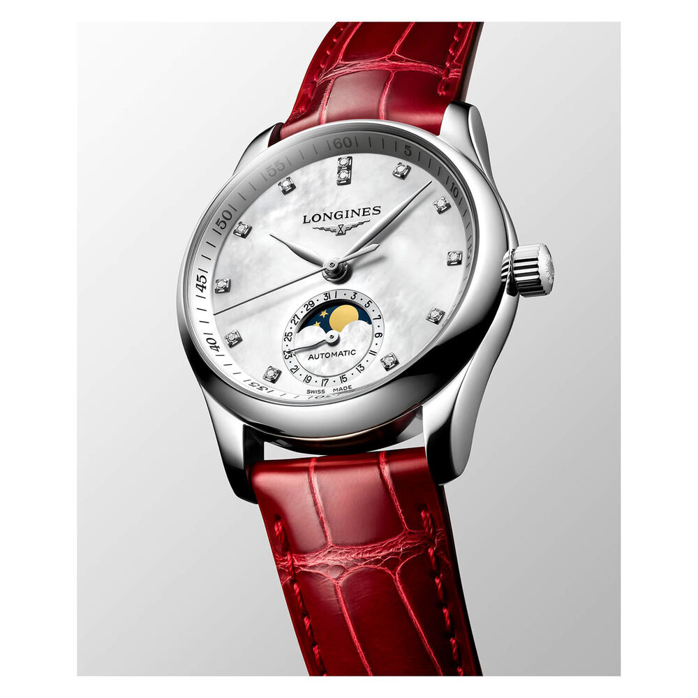 Longines Master Collection Moonphase 34MM Mop Dial Steel Case Red Watch image number 4