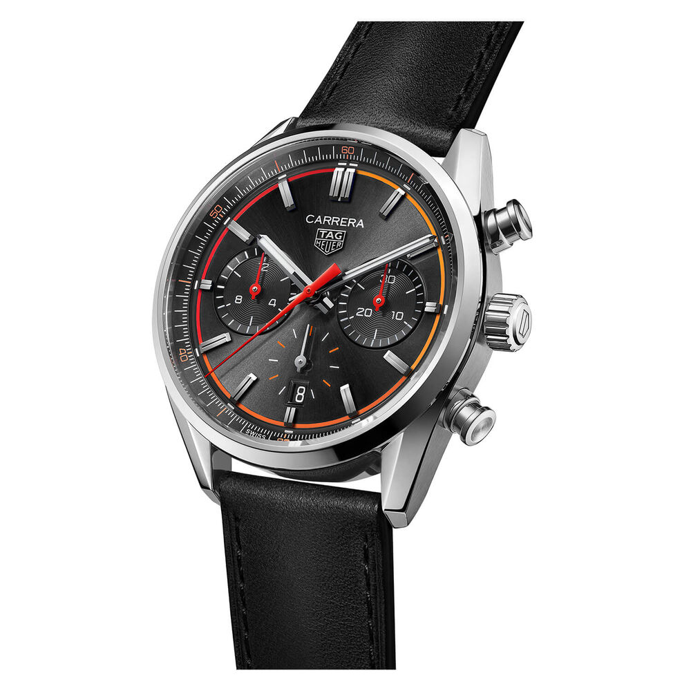 TAG Heuer Carrera Chronograph 42mm Black Dial Red Details Leather Strap Watch image number 4