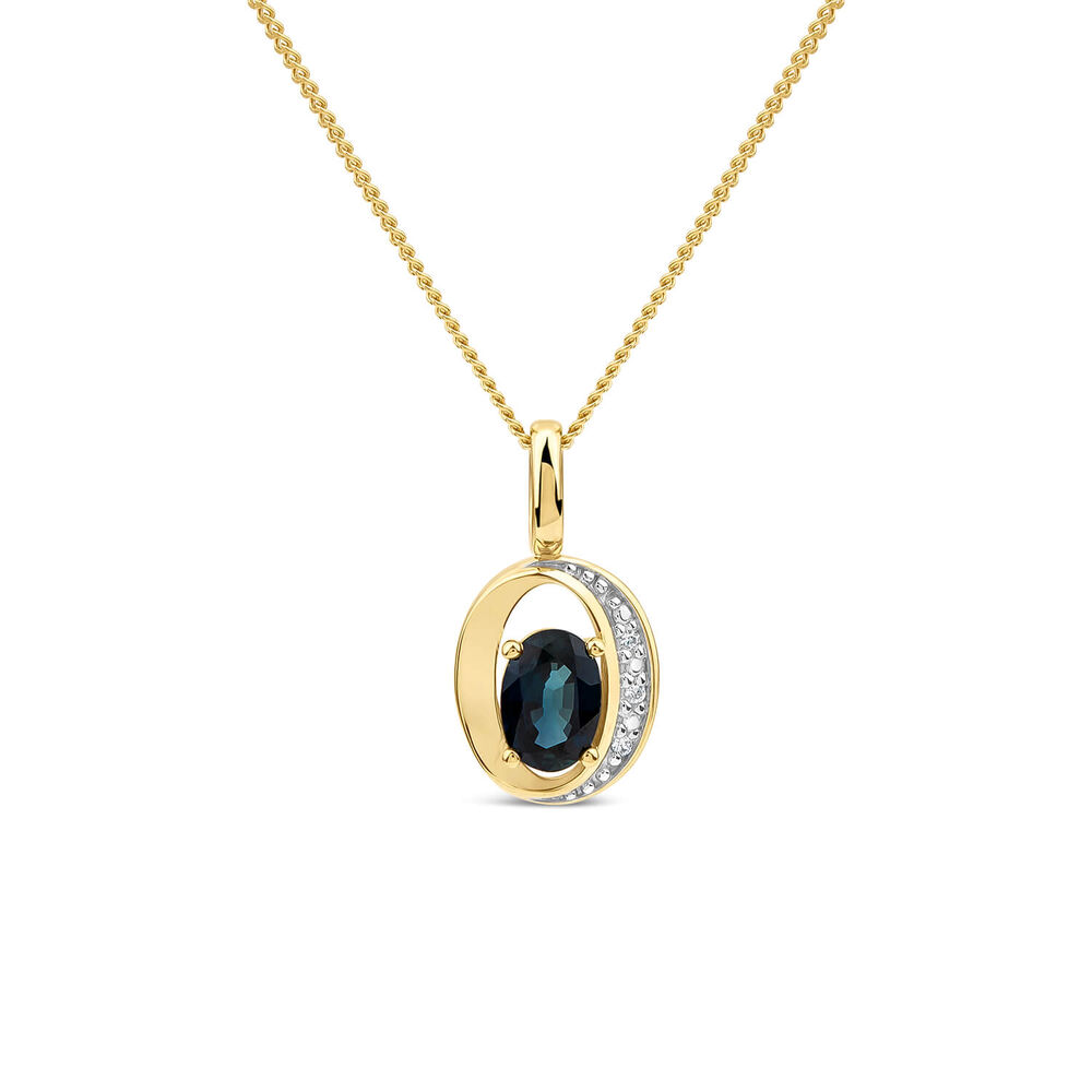 9ct Yellow Gold Oval Sapphire & Diamond Sides Curve Shaped Pendant image number 0