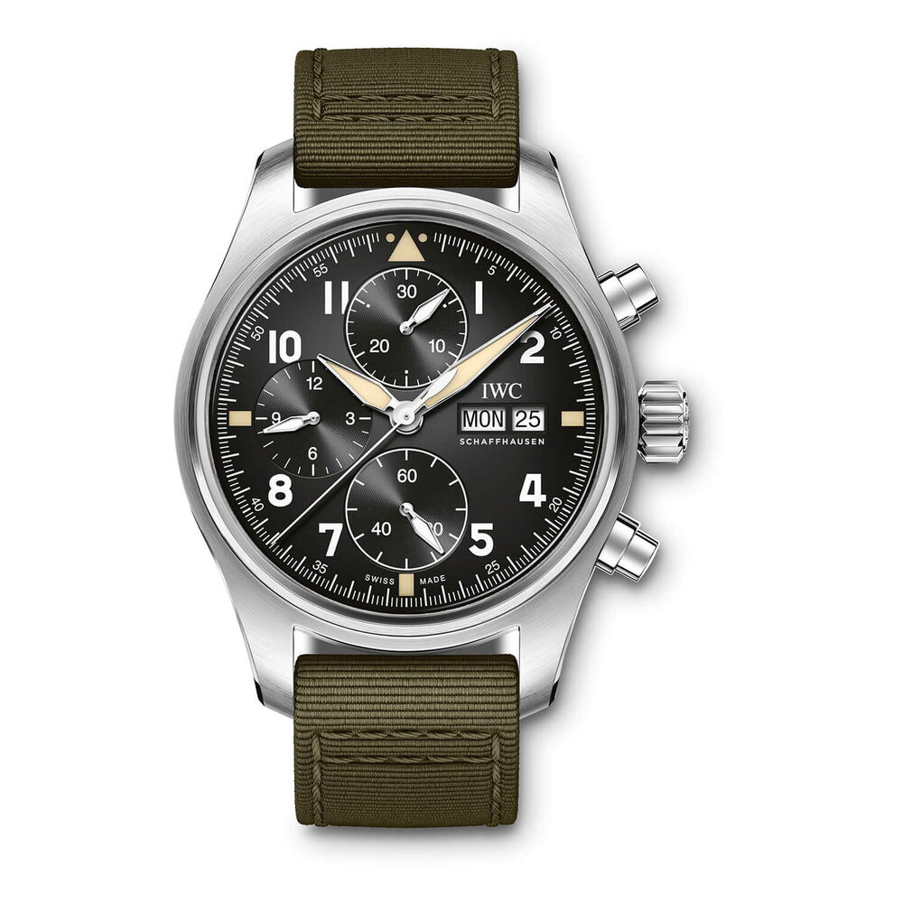 IWC Schaffhausen Pilot's Watch Chronograph Spitfire Black Dial Green Strap Watch
