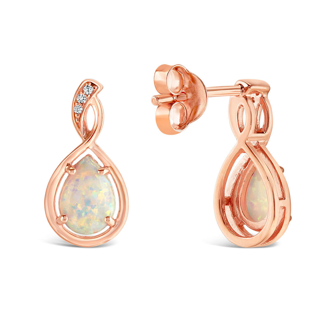 9ct Rose Gold Created Opal Twist Diamond Top Pear Stud Earrings image number 2