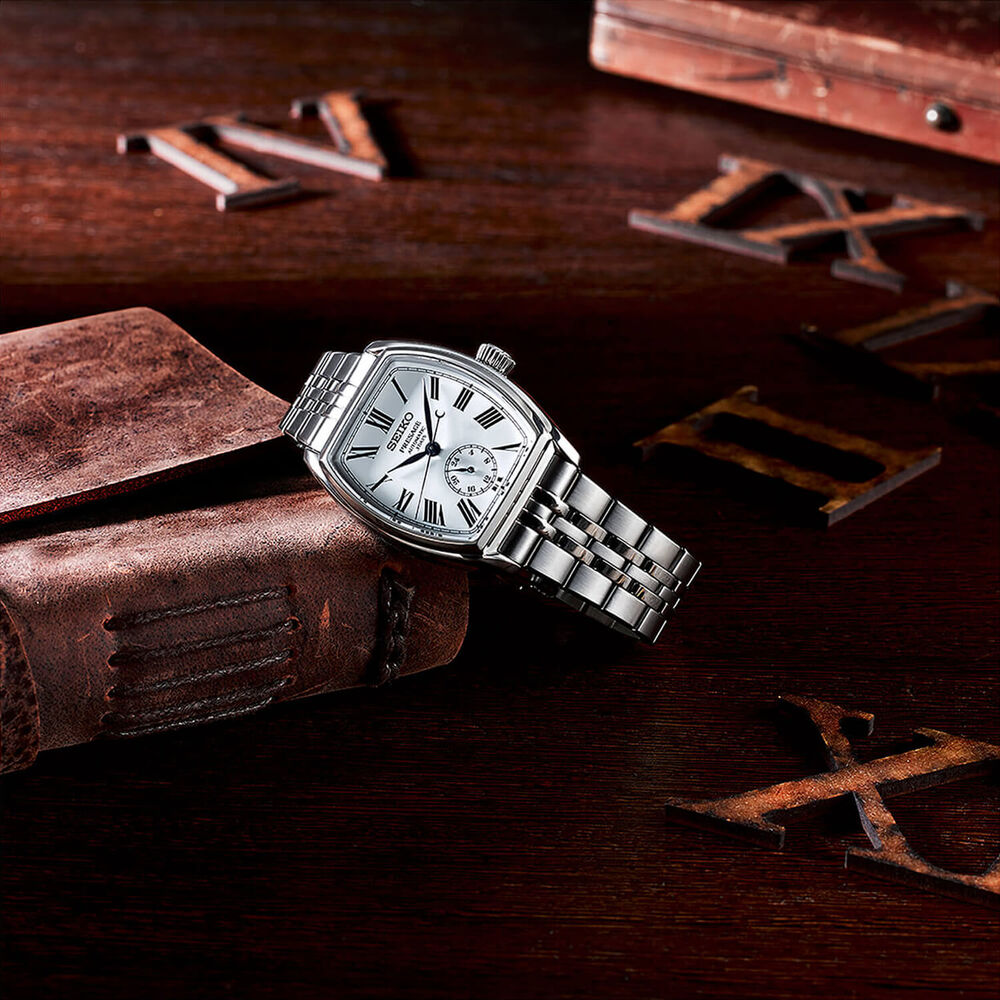 Seiko Presage Classic Series Enamel &lsquo;Tonneau&rsquo; 36mm White Dial Steel Bracelet Watch