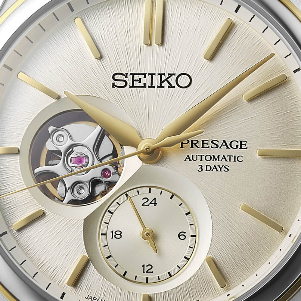 Seiko Presage Classic Series 40.2mm Open Heart Delicate Cream Silk Steel Bracelet Watch