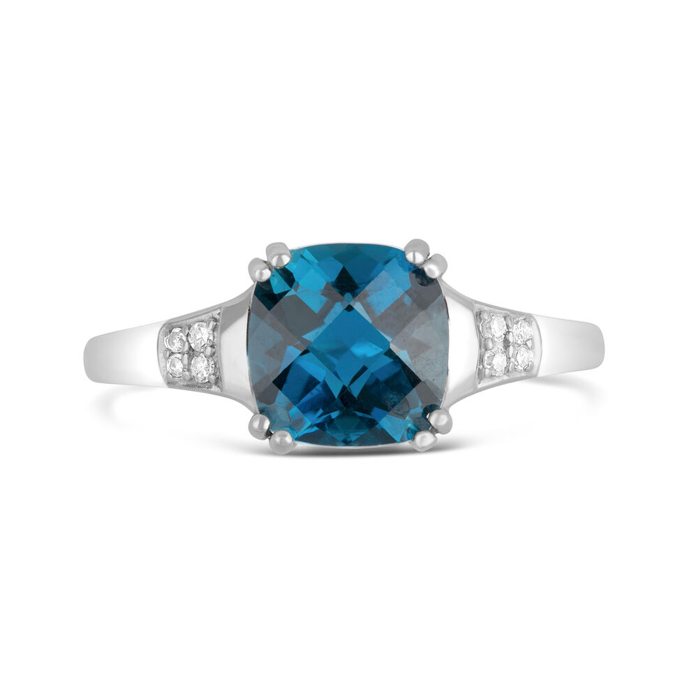 9ct White Gold 0.02ct Diamond Sides Cushion Blue Topaz Ring