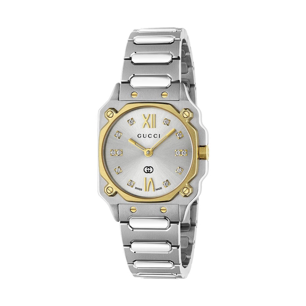 Gucci G-Flat 24mm Silver Dial Diamond Dots Gold Details Steel Bracelet Watch