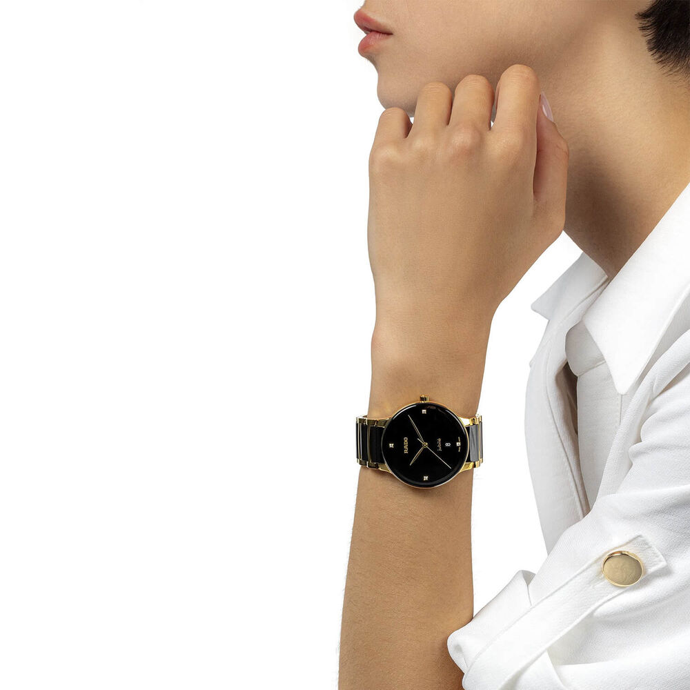 Rado Centrix Diamonds 39.5mm Black Dial Ceramic & Gold PVD Steel Bracelet Watch image number 6
