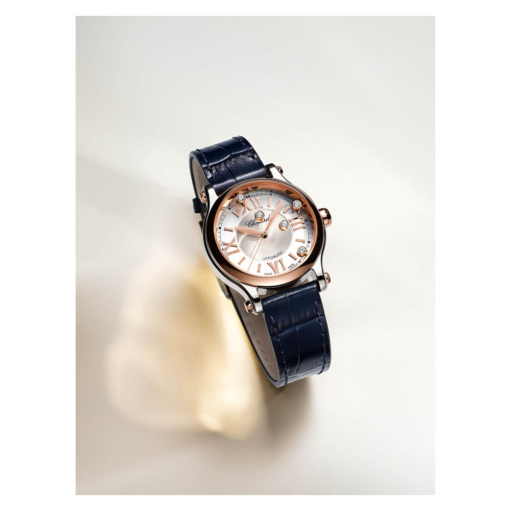 Chopard Happy Sport 33mm Five Floating Diamonds Silver Dial Blue Strap Watch image number 6