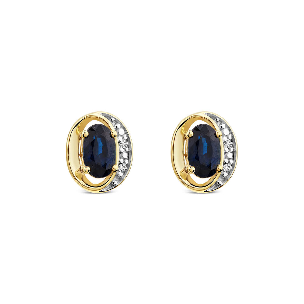 9ct Yellow Gold Oval Sapphire & Diamond Sides Curve Shaped Stud Earrings image number 0