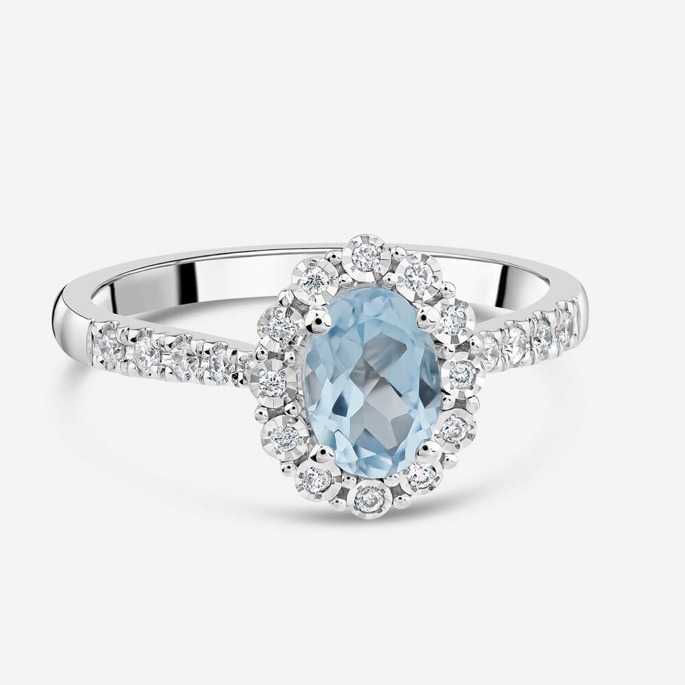 9ct White Gold Oval Blue Topaz 0.13ct Diamond Cluster & Shoulders Ring image number 2