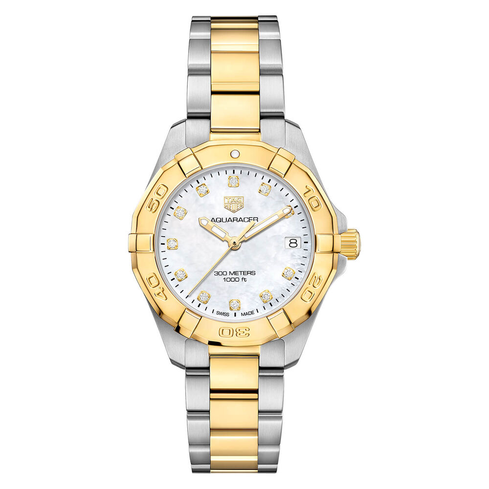 TAG Heuer Aquaracer Date 32mm MOP Dial Diamond Dots 18k Gold Plated & Steel Bracelet Watch image number 0