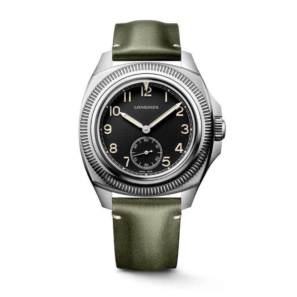 Longines Pilot Majetek 43mm Black Dial Steel Case Dark Green Strap Watch image number 0