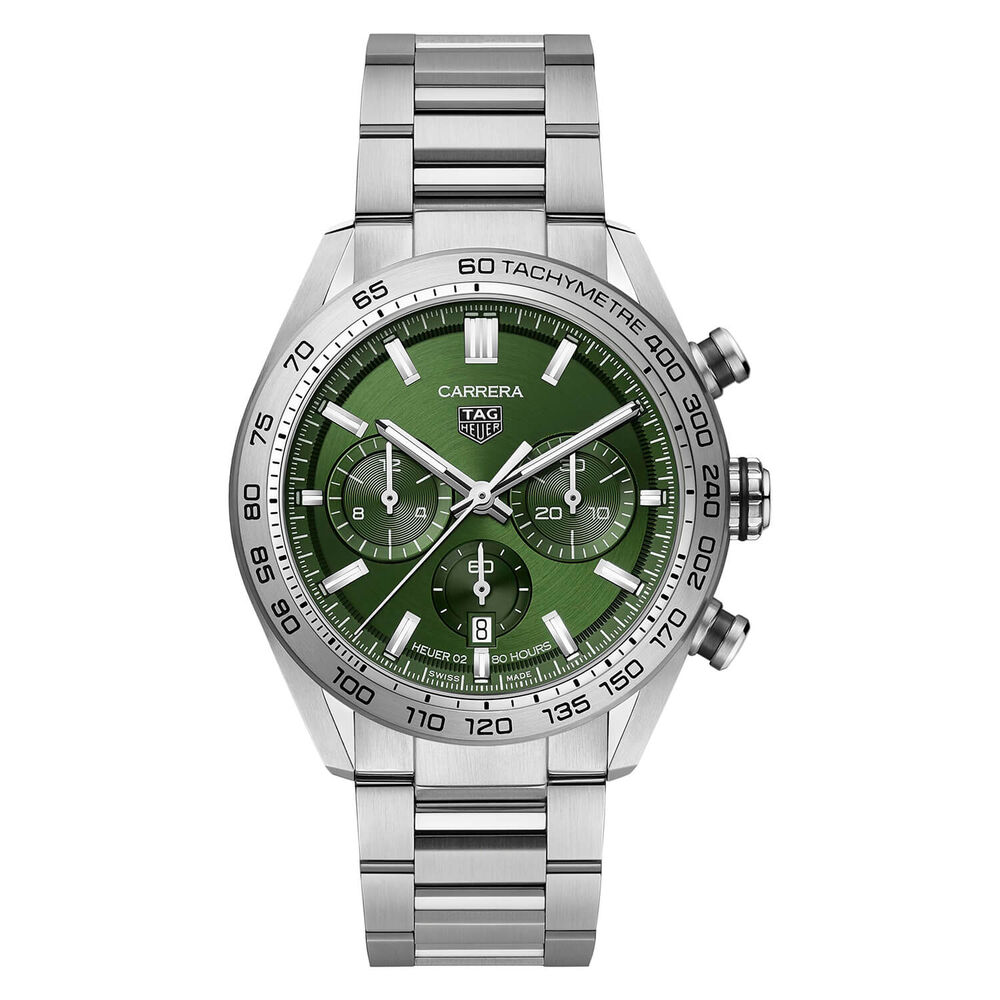 TAG Heuer Carrera 44mm Green Dial Chrono Steel Case Bracelet Watch